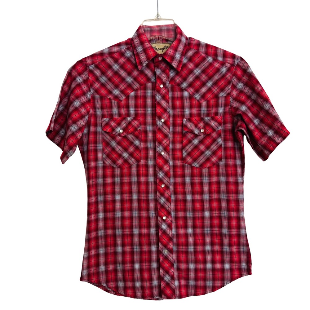 Wrangler Mens Western Fashion Snap Shirt Red Plaid Short Sleeve Pearl Snap Med